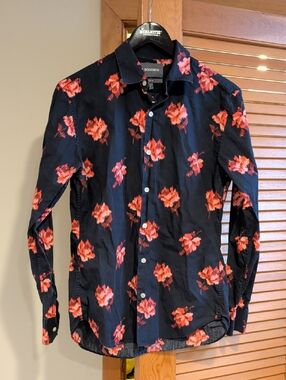 Bonobos Dark Navy Button-Down Shirt with Red/Pink Floral Print